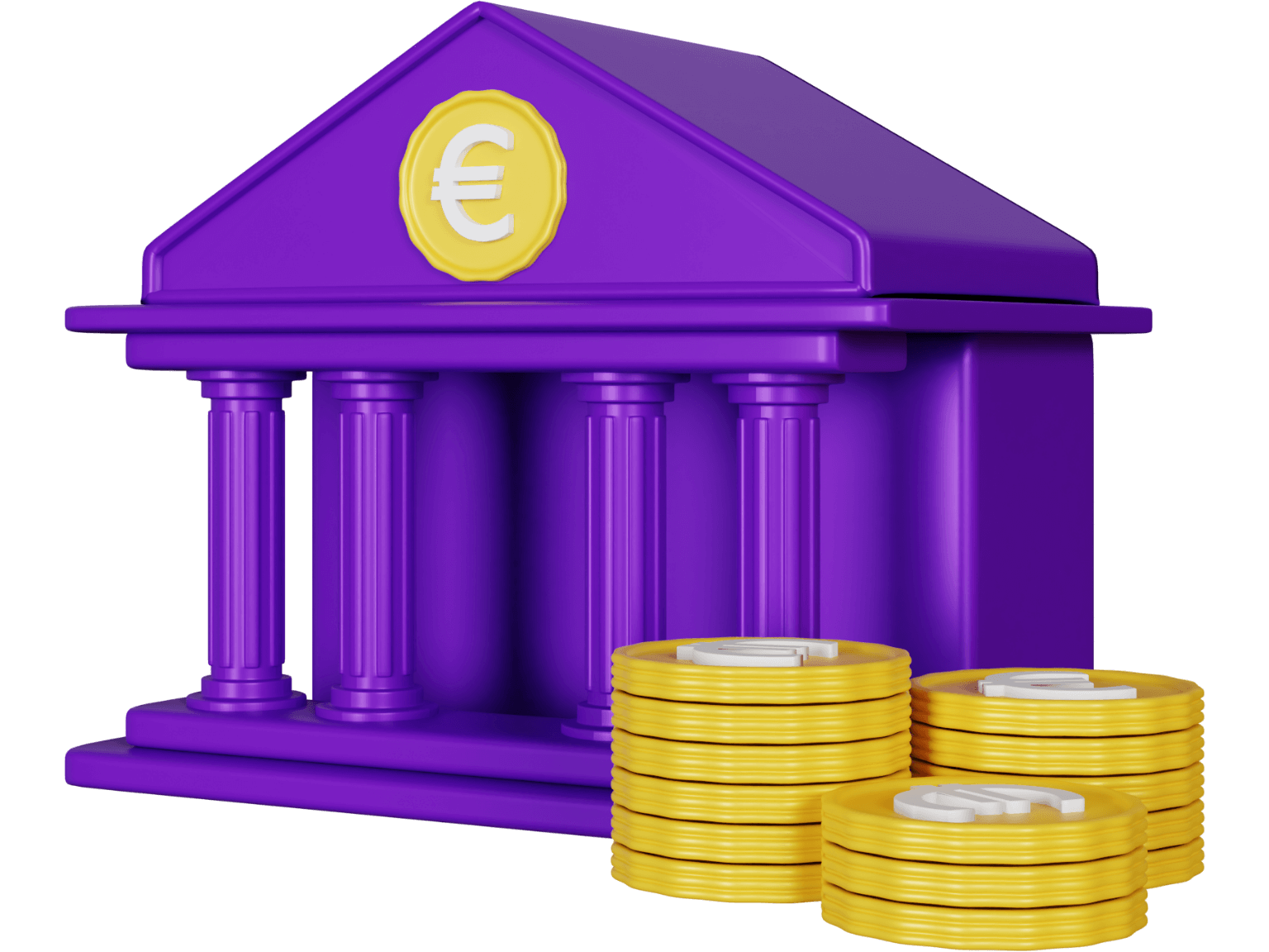 A purple bank with coins and pillars on a black background that offers Préstamos.